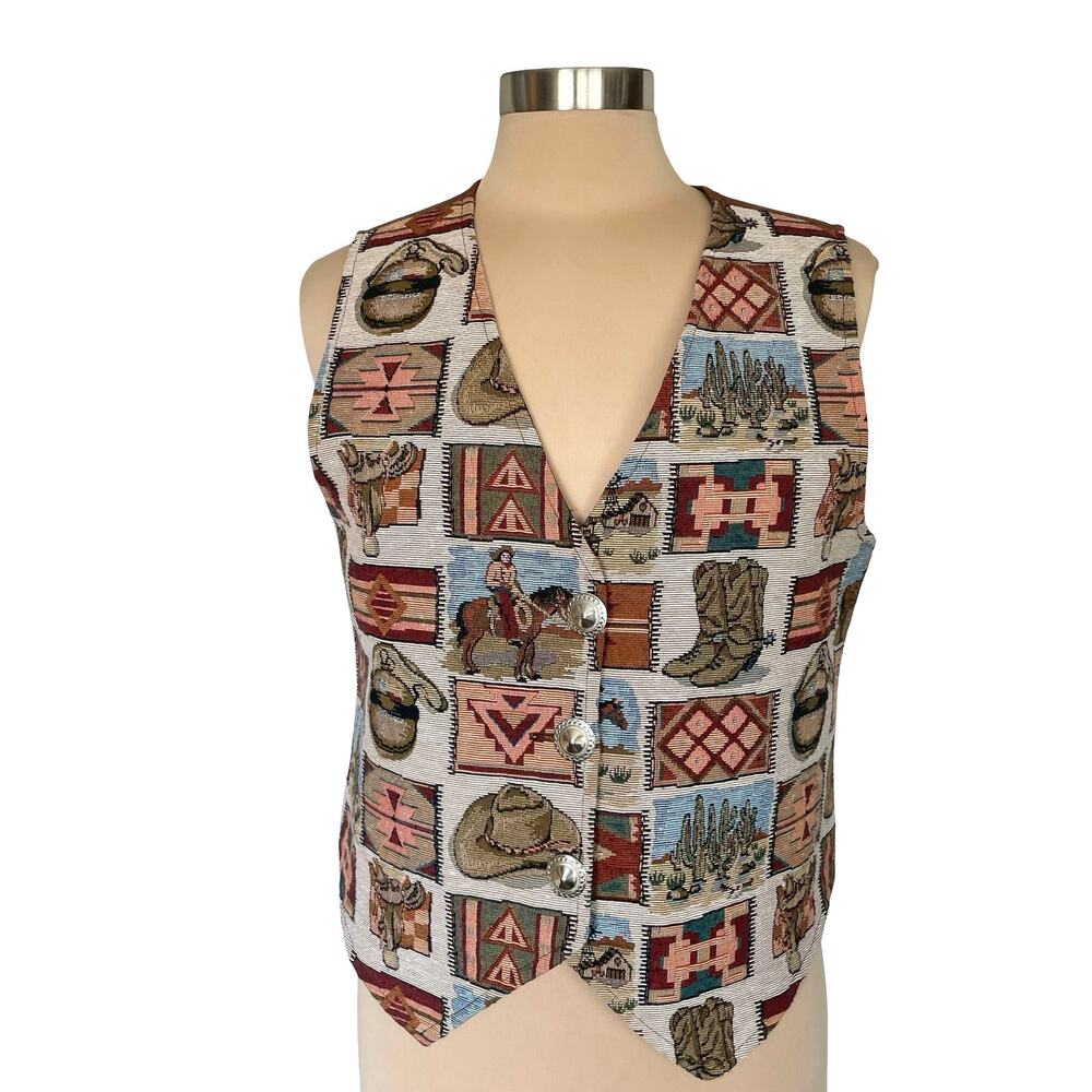 Designs by Jan Tapestry Vest Western Motifs Size MEDIUM Cowgirl Festival Novelty